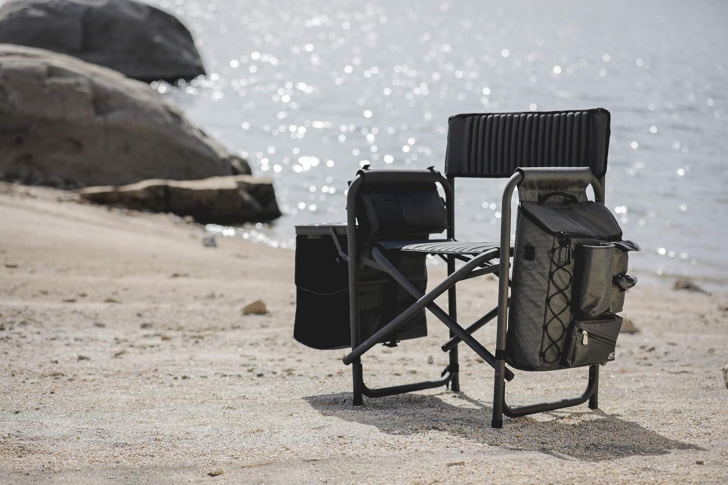 PICNIC TIME Fusion Camping Chair with Side Table and Soft Cooler, Outdoor Foldable Padded Camping Chairs with Cup Holder for Lawn, Beach, & Sports Use for Adults, (Dark Gray Black Accents)