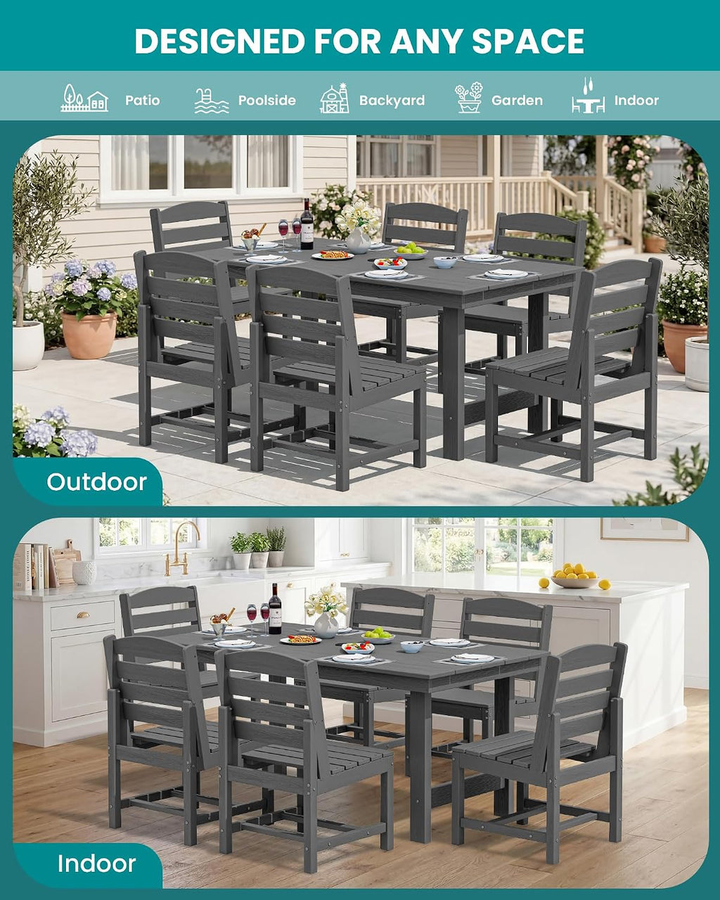 SERWALL Patio Dining Sets for 10 Person, HDPE Dining Set with 2 Tables, 8 Armless Chairs and 2 Armed Dining Chairs, Gray