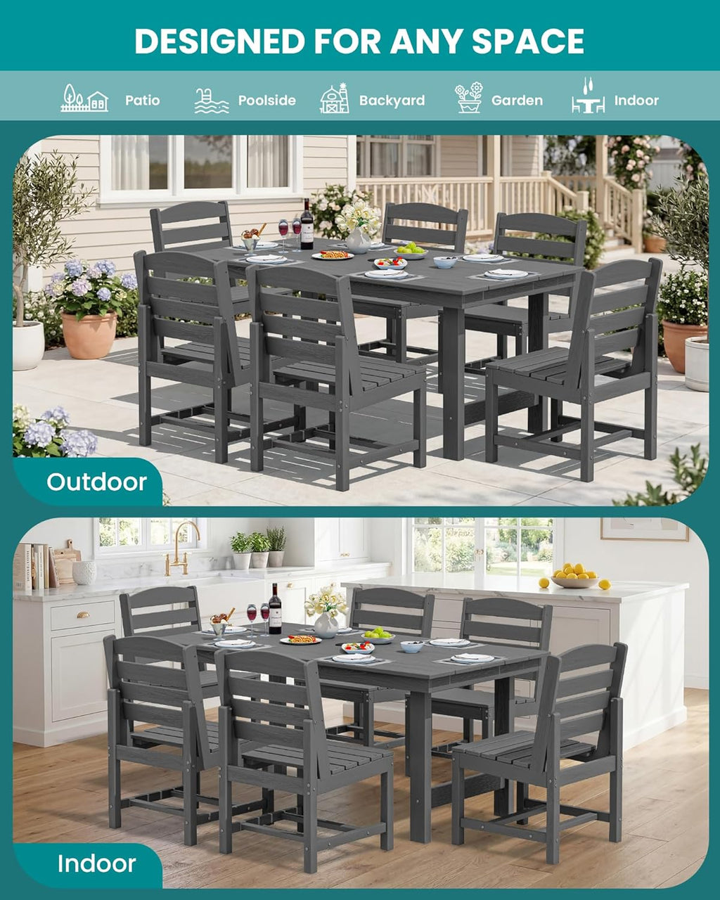 SERWALL Patio Dining Sets for 6 Person, HDPE Dining Set with 6 Armless Chairs, Gray