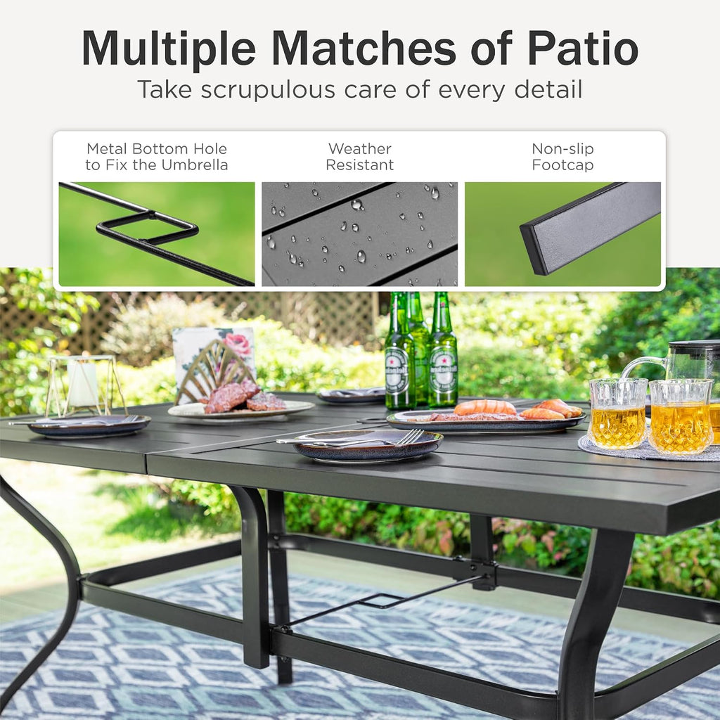 PHI VILLA Outdoor Dining Table for 6, 60' Long Rectangular Metal Wrought Iron Table with Umbrella Hole, All-Weather Large Furniture for Patio, Backyard, Porch