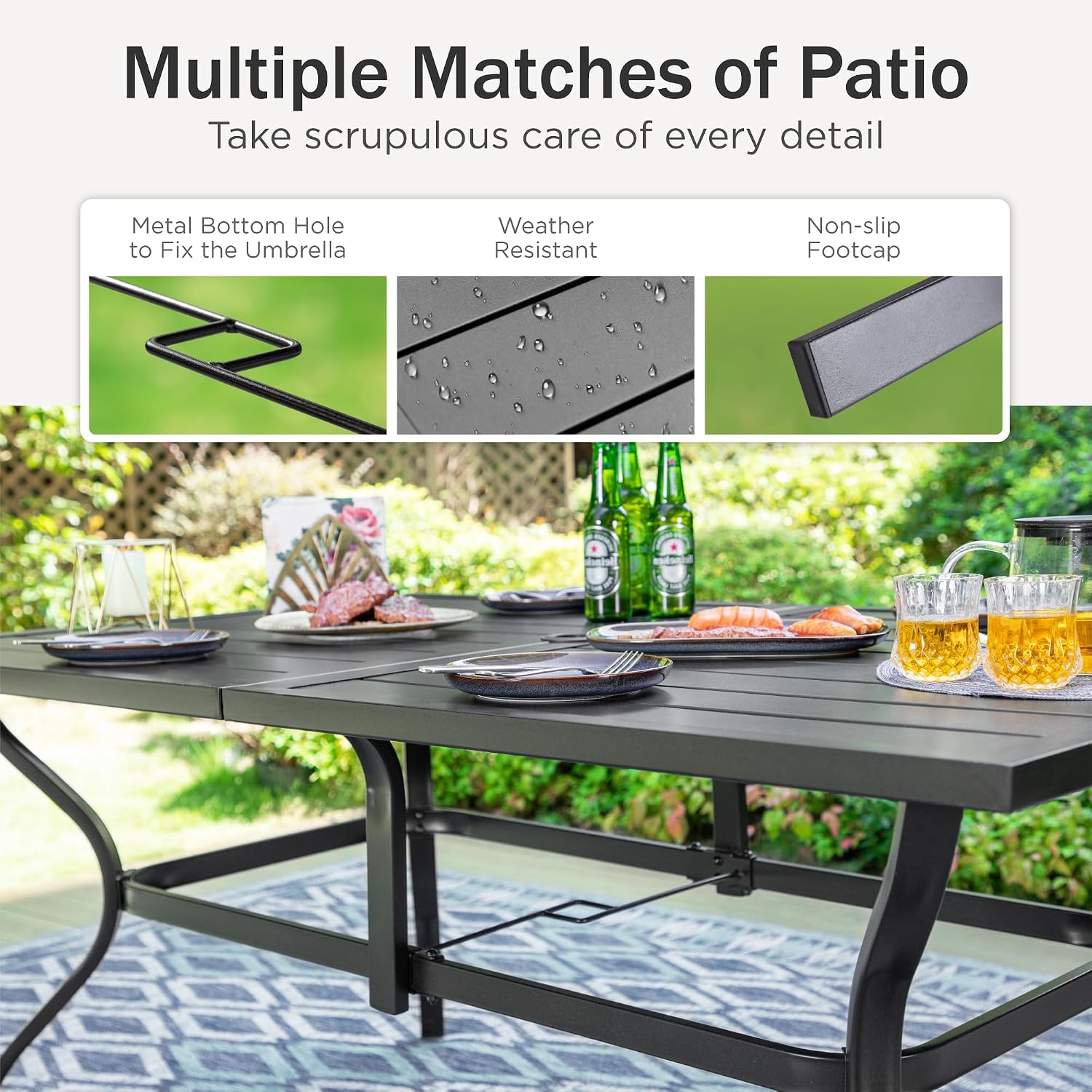 PHI VILLA Outdoor Dining Table for 6, 60' Long Rectangular Metal Wrought Iron Table with Umbrella Hole, All-Weather Large Furniture for Patio, Backyard, Porch