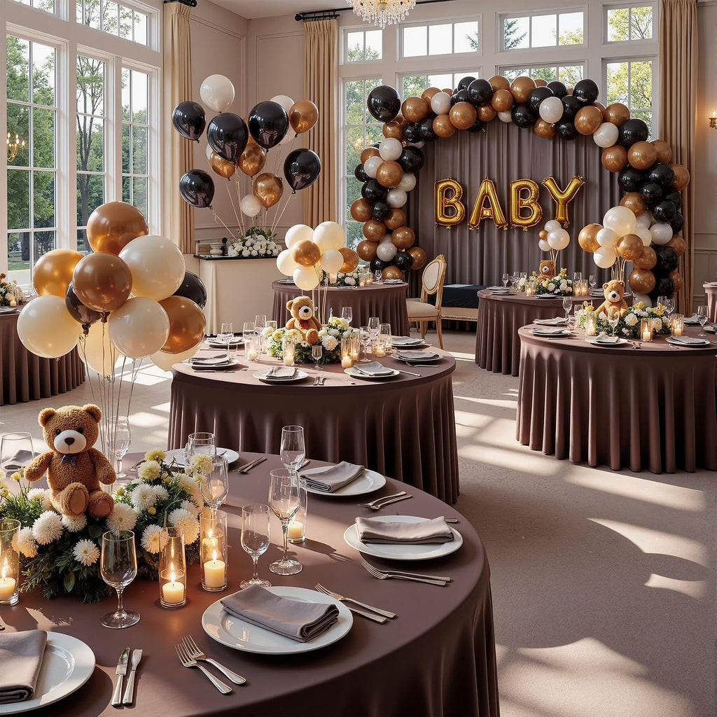 6 Pack Brown Spandex Round Tablecloths for 60 inch Table, Wrinkle Free Stretchy 120inch Fitted 5FT Round Table Cover Cloths with Skirt for Wedding Party Dining Banquet