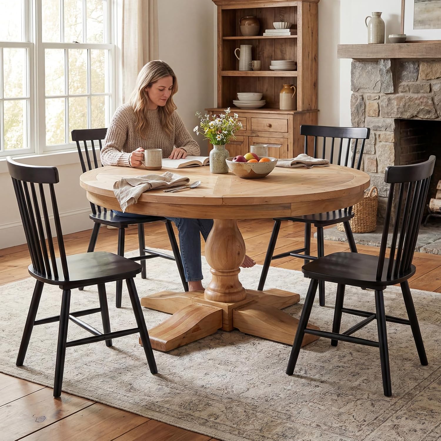 60' Round Dining Table, Reclaimed Wood Kitchen Table for 6-8, Farmhouse Circle Kitchen Table with Pedestal Curved Leg for Kitchen Dining Room Restaurant - Natural