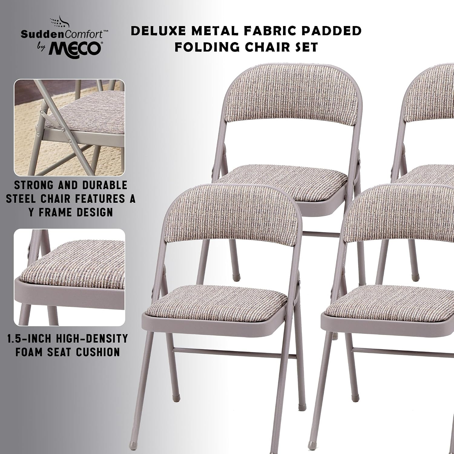 MECO 4-Pack Steel Frame Folding Dining & Event Chairs, Chicory Lace Motif Upholstery, Beige - Foldable Seating with Cushioned Seat and Padded Back for Kitchen, Parties or Game Tables