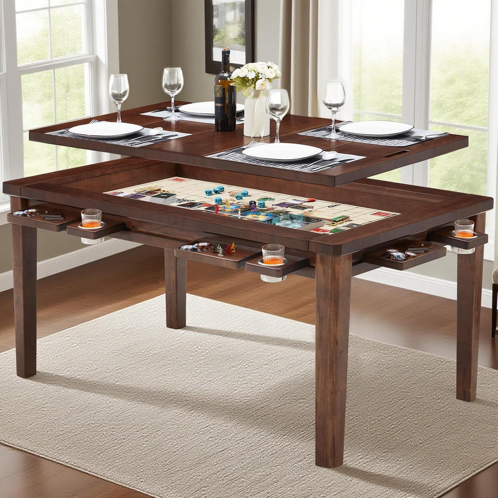 Haddockway 63' ×39' Board Game Table with Removable Top, Solid Wood Dining/Gaming Table for 4-6 Players with Play Mat, 6 Detachable Cup Holders & 6 Hobby Trays (Warm Walnut)