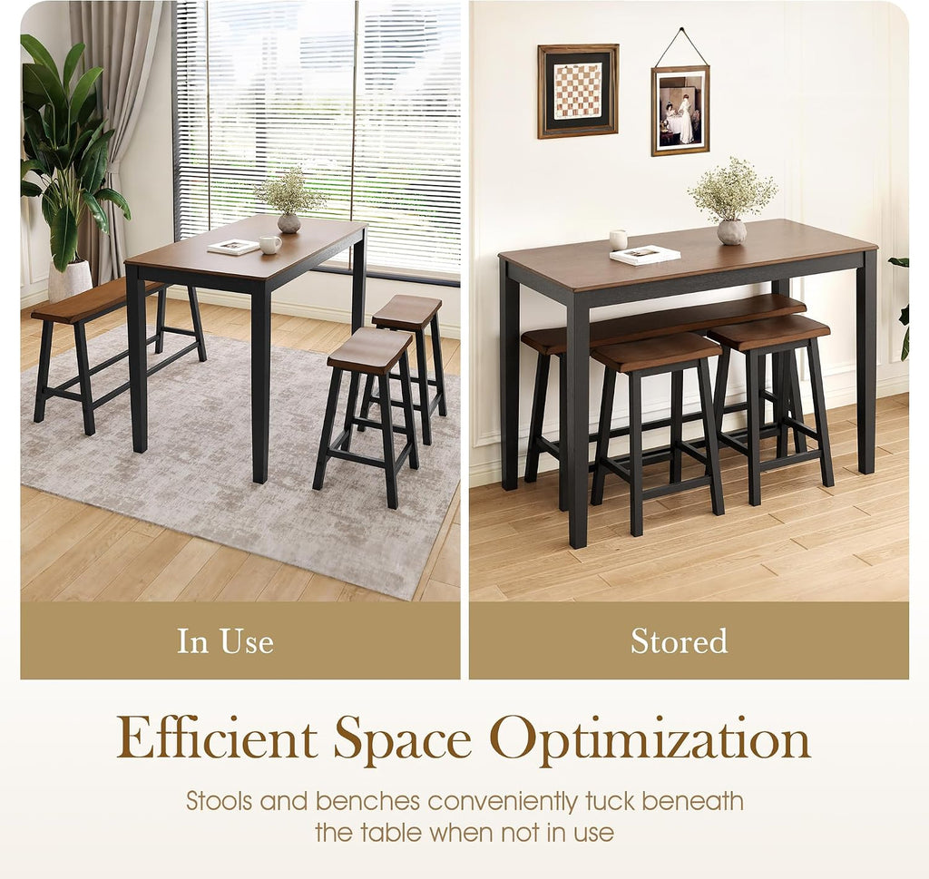 Sophia & William Dining Table Set for 4, Counter Height Table and Chairs, Kitchen Table Set with Bench and 2 Chairs, Small Breakfast Bar Dining Set, Walnut & Black