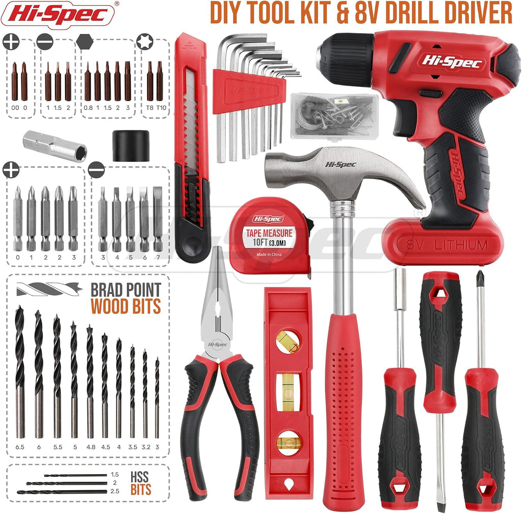 Hi-Spec 58pc Pink 8V USB Electric Power Cordless Drill Driver & Tool Kit Set and 58pc Red 8V USB Electric Power Cordless Drill Driver & Tool Kit Set