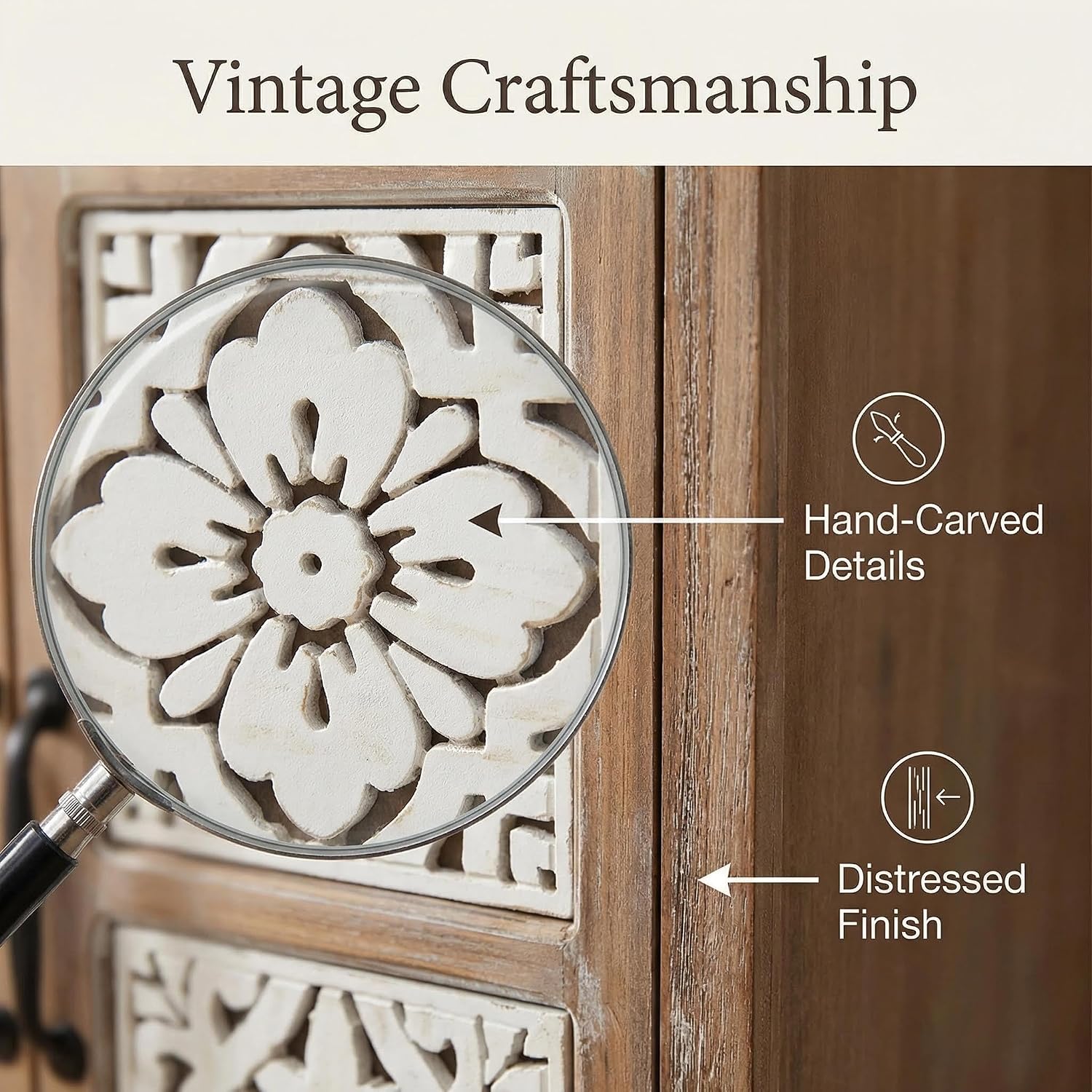 LKTART 55' Tall Vintage Sideboards Carved Wood Buffet Cabinet,Farmhouse Pantry Decorative Cabinet with Carved Doors and Drawers for Home Decor and Finishing Fir Wood