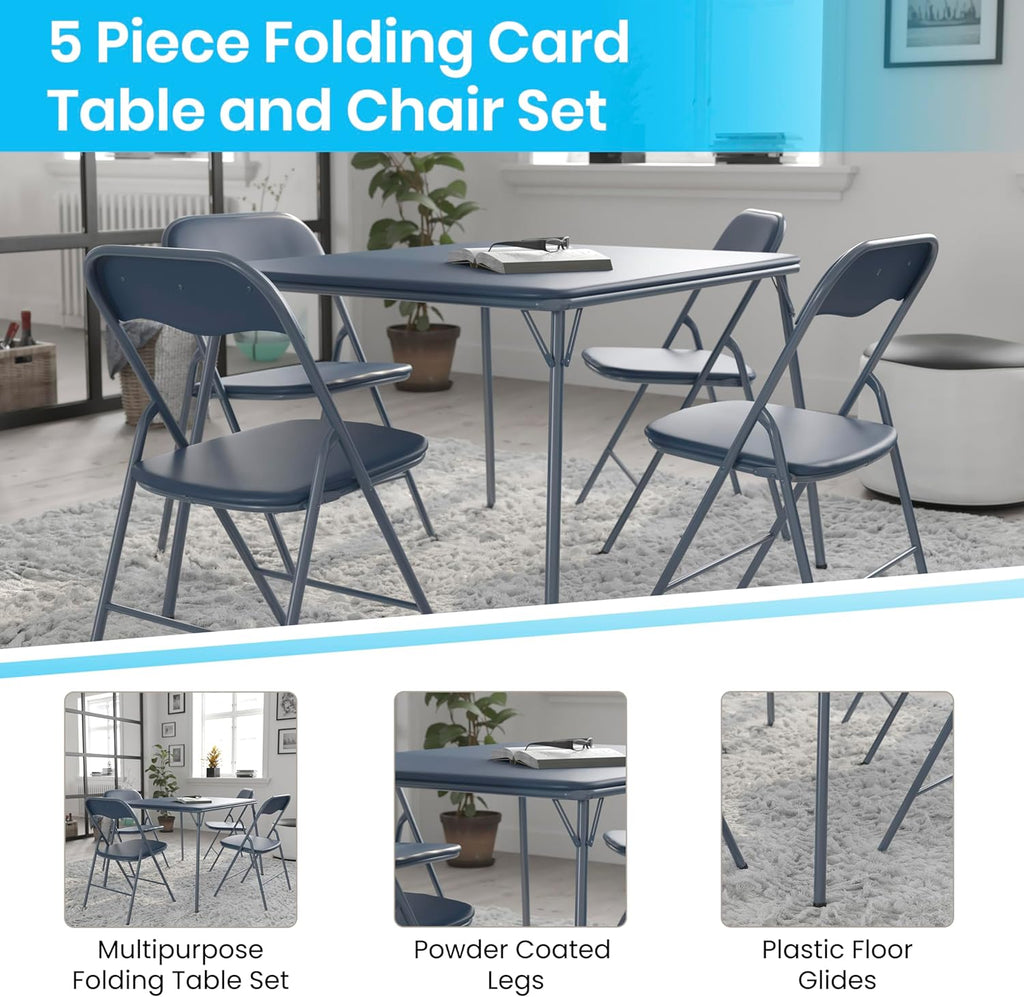 EMMA + OLIVER 5-Piece Multipurpose Folding Card Table and Chairs Set for 4 Players, Padded Top Portable Square Folding Table and Chairs Set, Navy