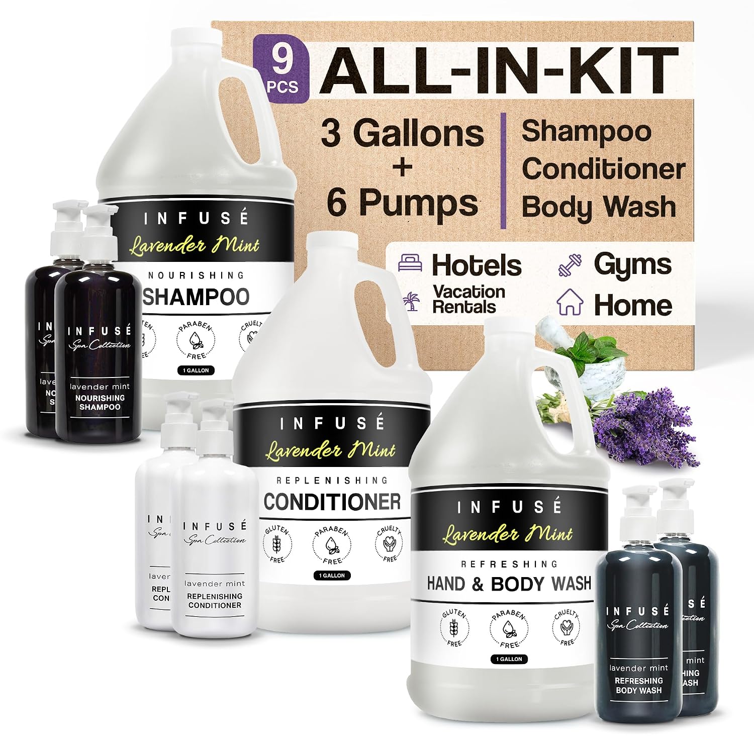Infuse Lavender Mint Gallon & Dispenser Set | 1-Shoppe Amenities Kit | Shampoo, Conditioner, Body Wash | Refillable 10.14 oz Pump Bottles