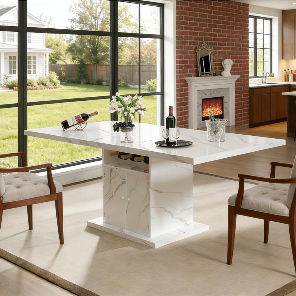 Extendable Dining Room Table for 4-6, 47-63 Inch Rectangle Kitchen Dining Table with Storage, Expandable Modern Rectangle Dinner Table with Faux Marble Top for Kitchen, Dining Room, White Faux Marble