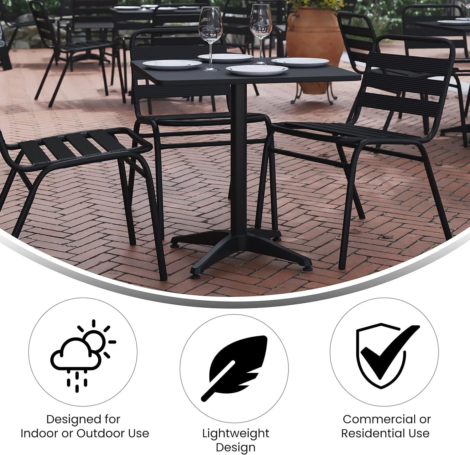 Flash Furniture TLH-ALUM-28SQ-017BK4-GG Lila 27.5'' Square Aluminum Indoor-Outdoor Table Set with 4 Slat Back Chairs, Black