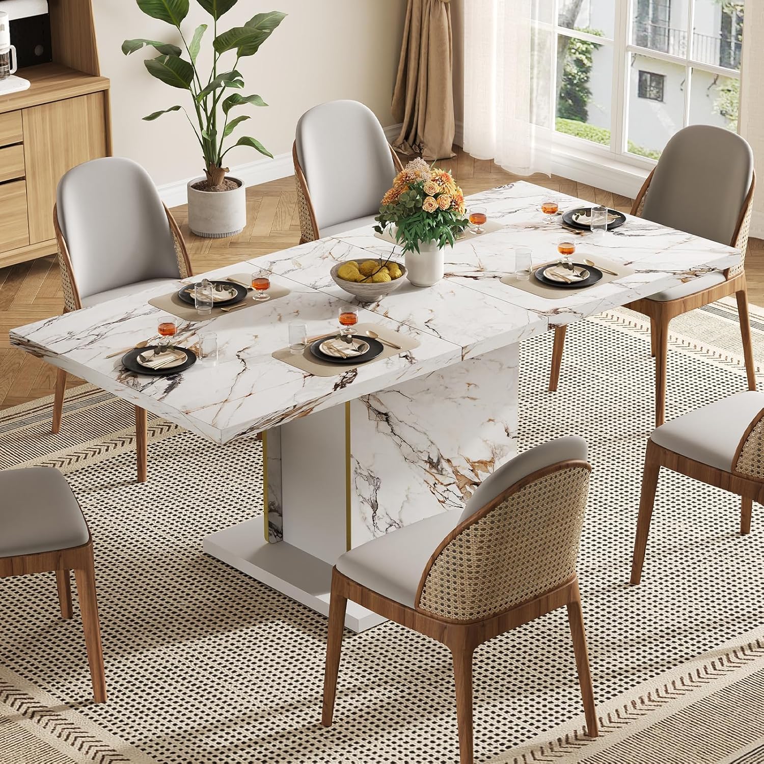 HOMISSUE 70' Faux Marble Dinner Table，Rectangle Modern White Dining Table for 6-8 People，Large Kitchen Furniture Table with Sturdy Base for Dining Room, Living Room, White
