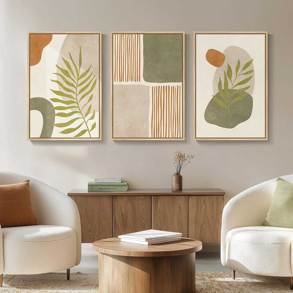 Large Framed Tropical Boho Wall Art for Living Room, 3 Piece Mid Century Modern Sage Green Canvas Artwork for Walls, Bohemian Prints Pictures Wall Decor for Bedroom Home Office Hallway, 20x30 Inch