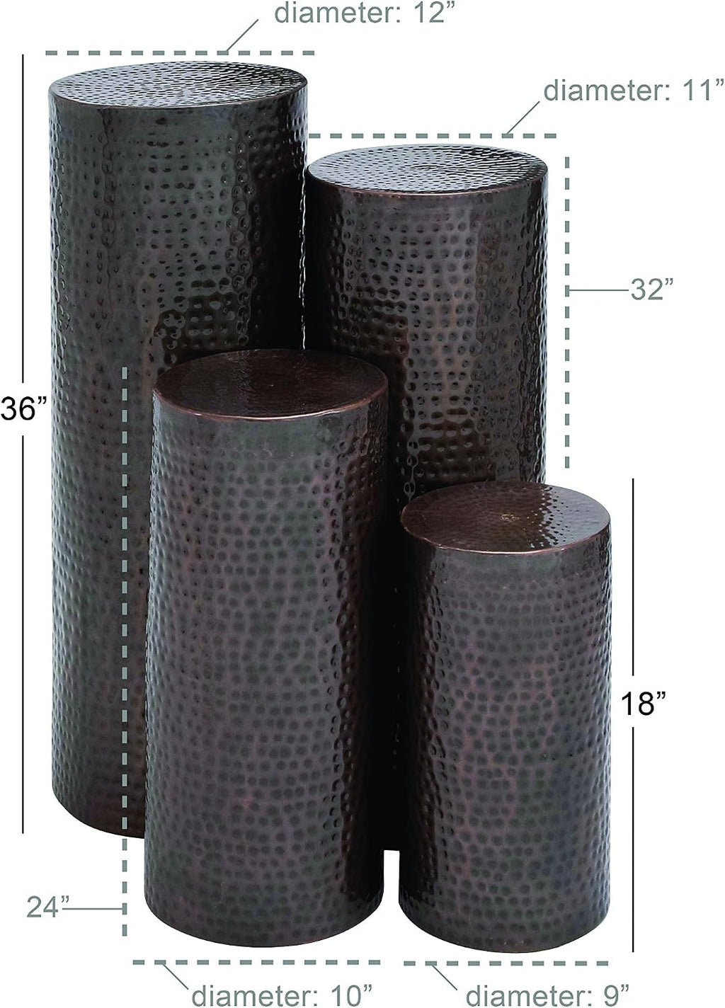 Deco 79 Metal Cylinder Pedestal Table with Hammered Design, Set of 4 36', 32', 24', 18'H, Brown