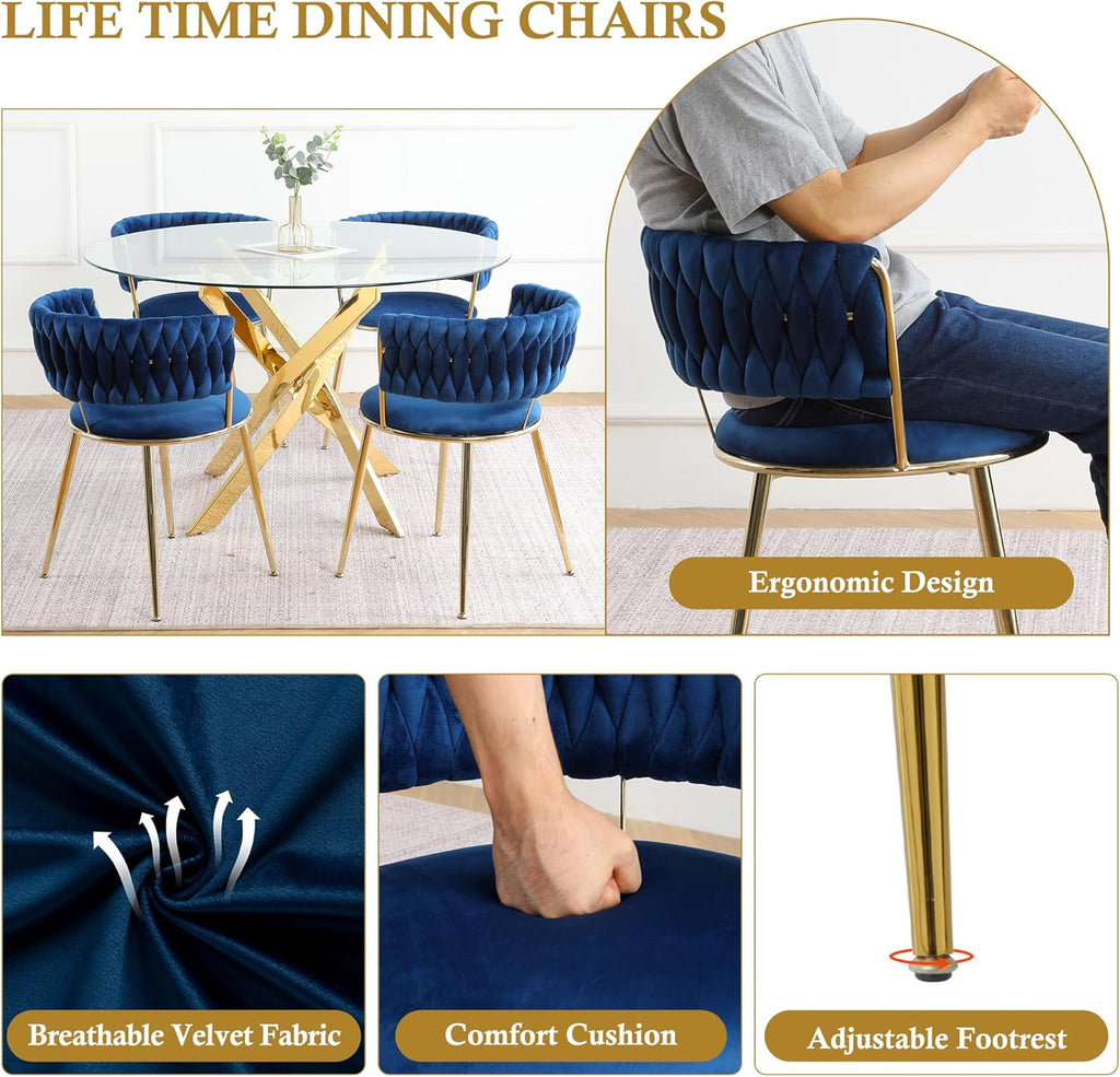 Round Glass Dining Table Set for 4, 36'' Small Circle Glass Kitchen Table with 4 Luxury Blue Gold Velvet Dining Chairs, 5-Piece Dining Room Table Set for Small Place(Gold Base)
