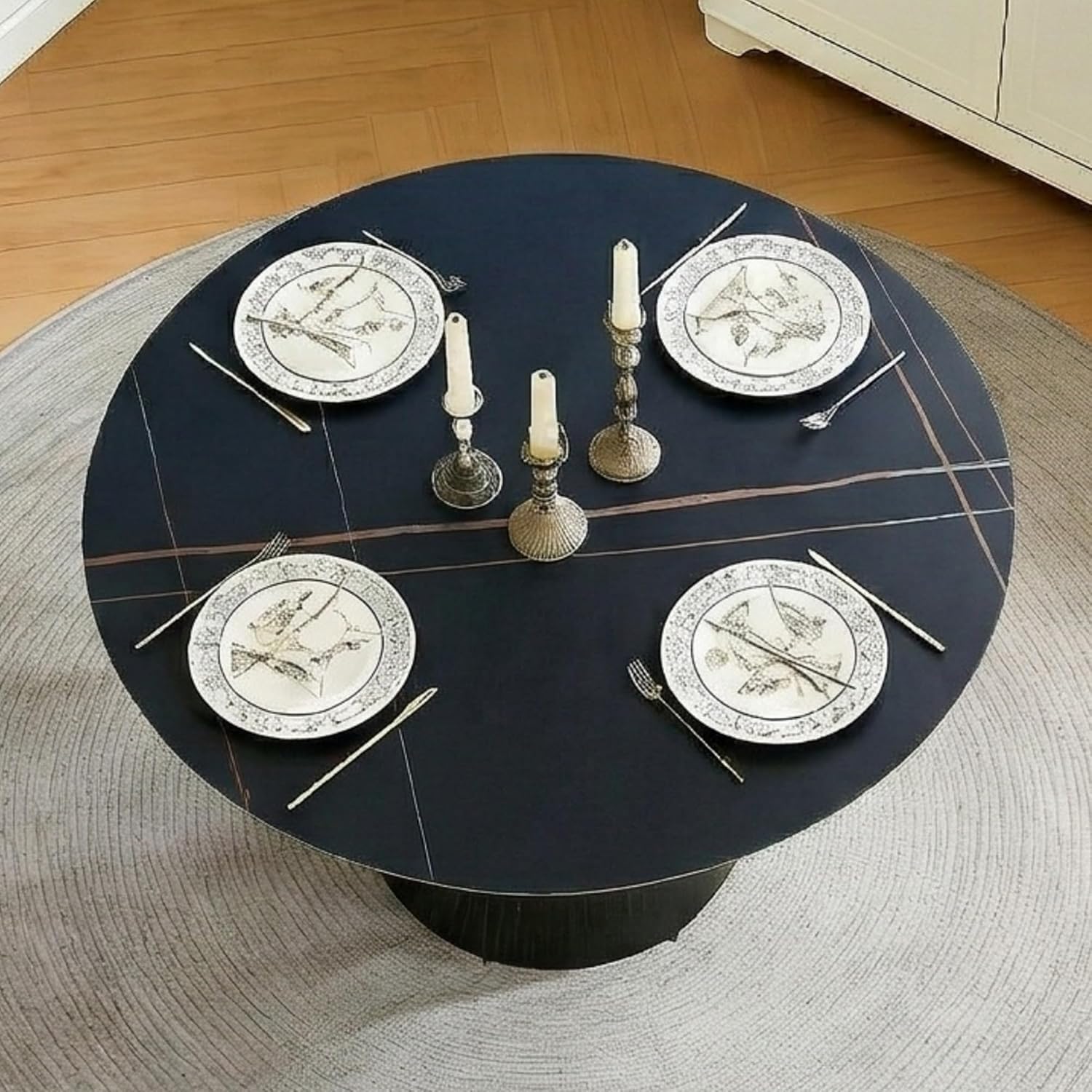 Faux Marble Round Dining Table for 4-6, 42' Modern Round Kitchen Table with Sintered Stone Top and Wood Stable Pedestal for Apartment,Restaurant,Small Space (Black