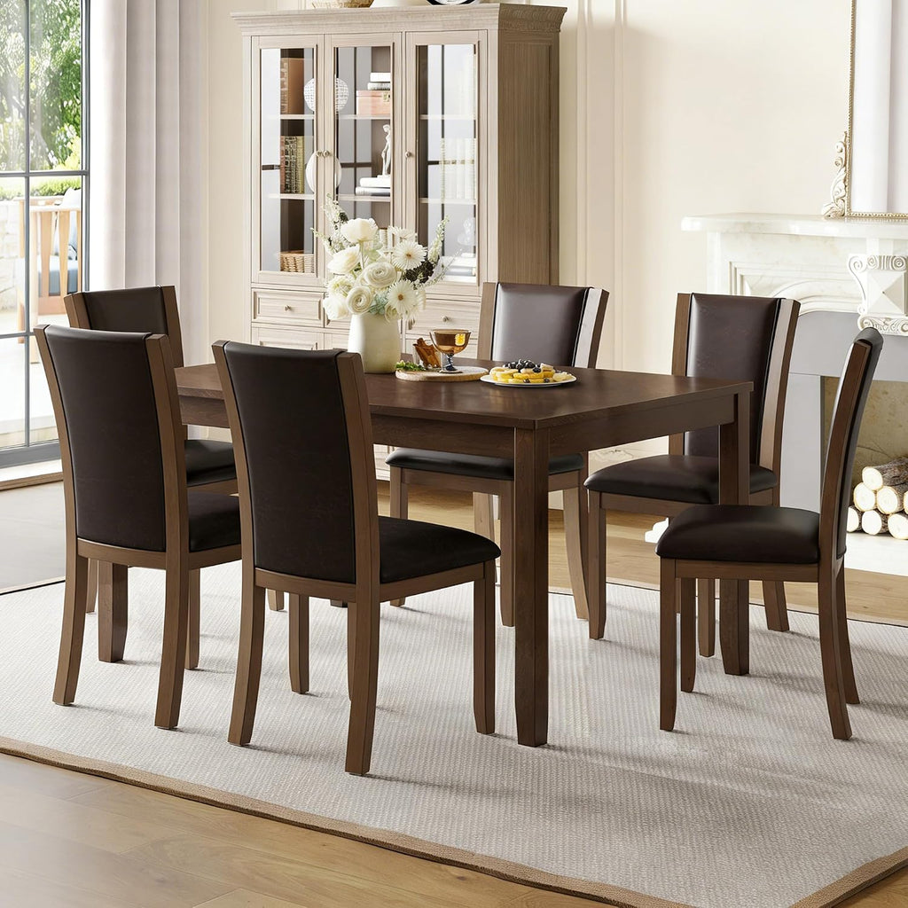 LUMISOL 7-Piece Modern Dining Table Set with Upholstered Chairs of 6, Wooden Rectangular Table for 6-8 People, Farmhouse Kitchen Set for Restaurant, Walnut