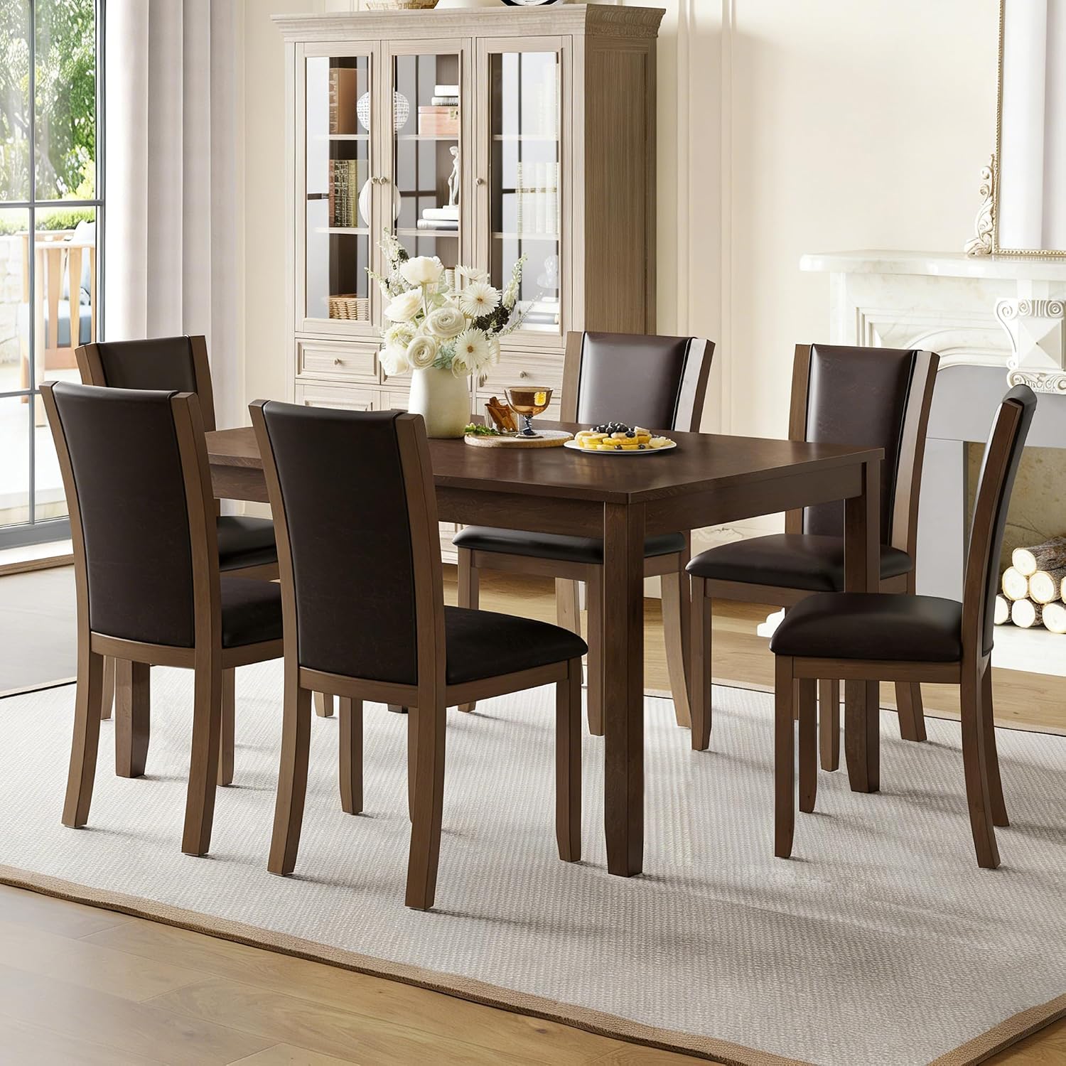 LUMISOL 7-Piece Modern Dining Table Set with Upholstered Chairs of 6, Wooden Rectangular Table for 6-8 People, Farmhouse Kitchen Set for Restaurant, Walnut
