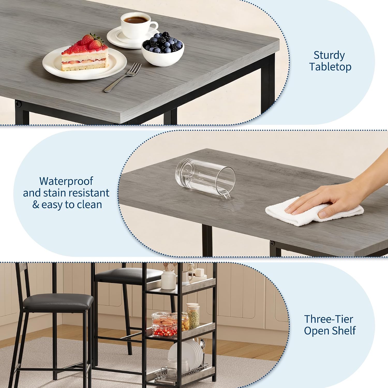 GarveeHome 3-Piece Kitchen Table Set with Storage Shelves & 2 Upholstered Chairs - Iron and Wood Dining Table for Small Spaces, Apartments, Condos, Grey