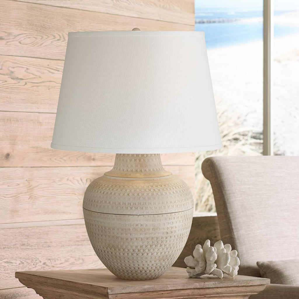 Barnes and Ivy Brighton 27 1/4' Tall Hammered Pot Farmhouse Rustic Modern Coastal Table Lamps Set of 2 Brown Beige Finish Metal Living Room Bedroom Bedside Nightstand House Office White Shade