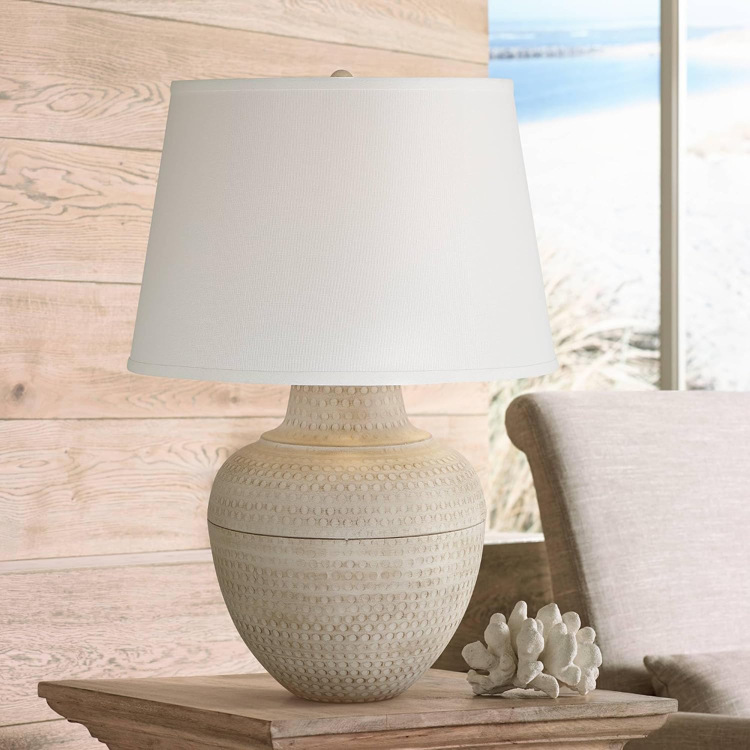 Barnes and Ivy Brighton 27 1/4' Tall Hammered Pot Farmhouse Rustic Modern Coastal Table Lamps Set of 2 Brown Beige Finish Metal Living Room Bedroom Bedside Nightstand House Office White Shade