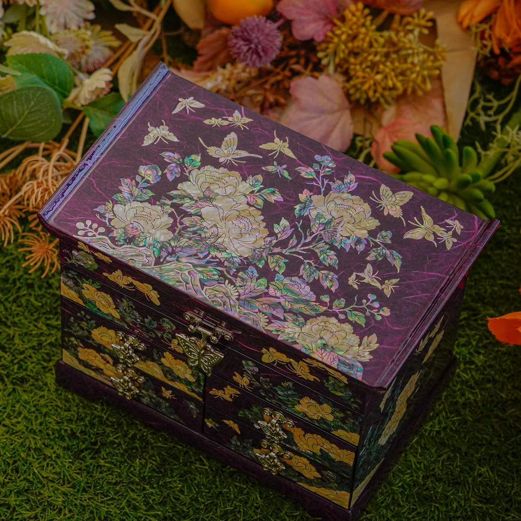 February Mountain Mother of Pearl Wooden Jewelry Organizer Box – Jewelry Storage Box for Women, Features Spacious Drawers, Ideal for Rings, Bracelets, Watches, Chains, Accessories (Peony_Purple)