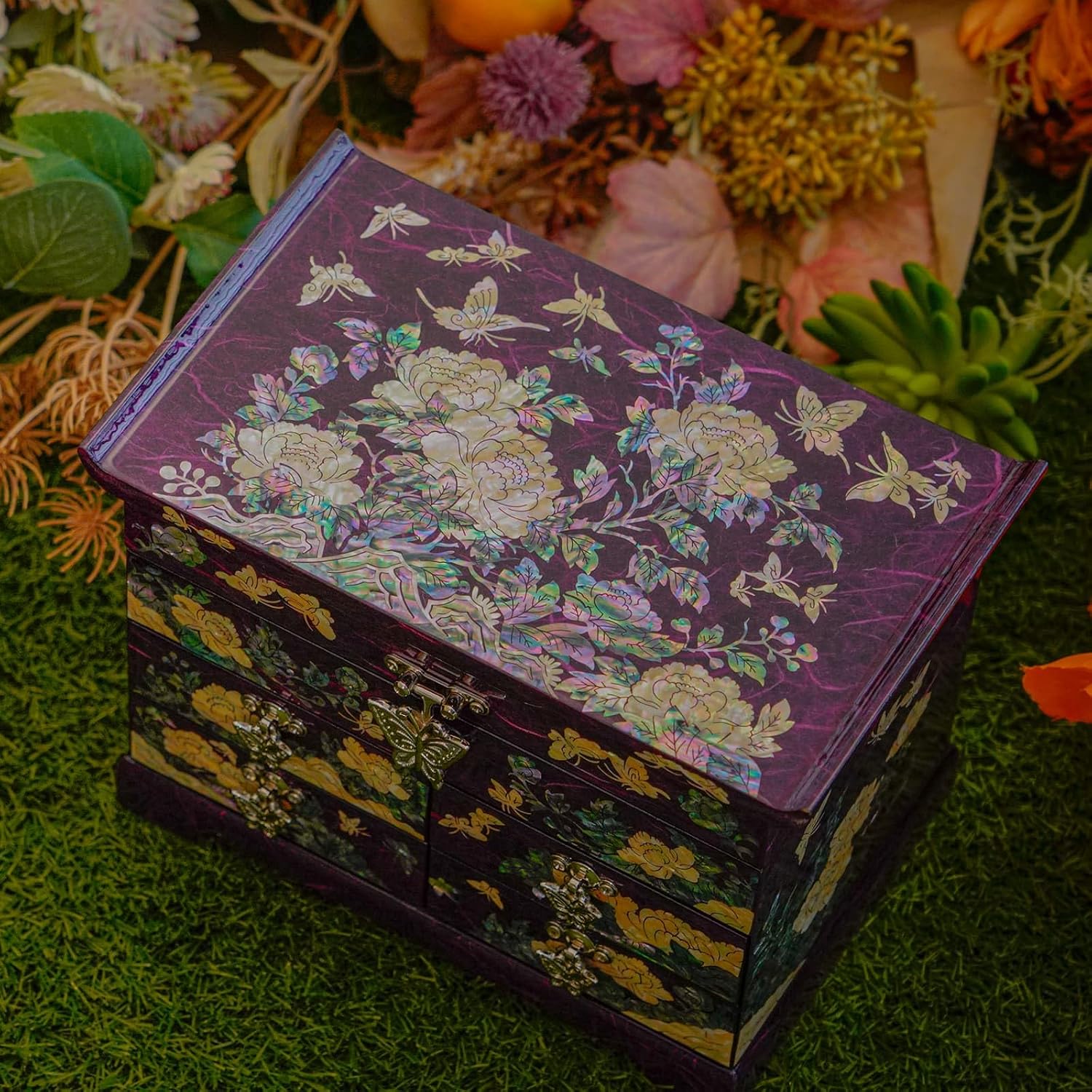 February Mountain Mother of Pearl Wooden Jewelry Organizer Box – Jewelry Storage Box for Women, Features Spacious Drawers, Ideal for Rings, Bracelets, Watches, Chains, Accessories (Peony_Purple)