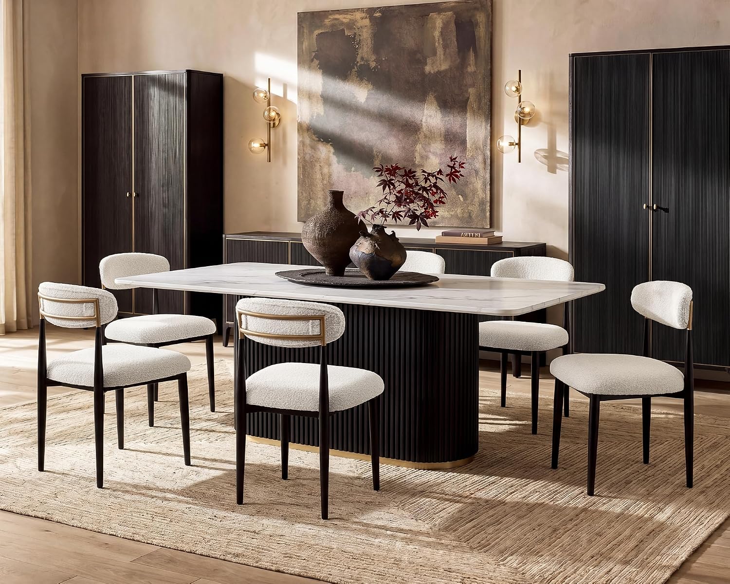 Morden Fort Marble Dining Table Set for 6, 70' Kitchen Table with White Rectangle Top and Black Fluted Base, 6 Modern Upholstered Chairs for Dining Room, Restaurant and Reception
