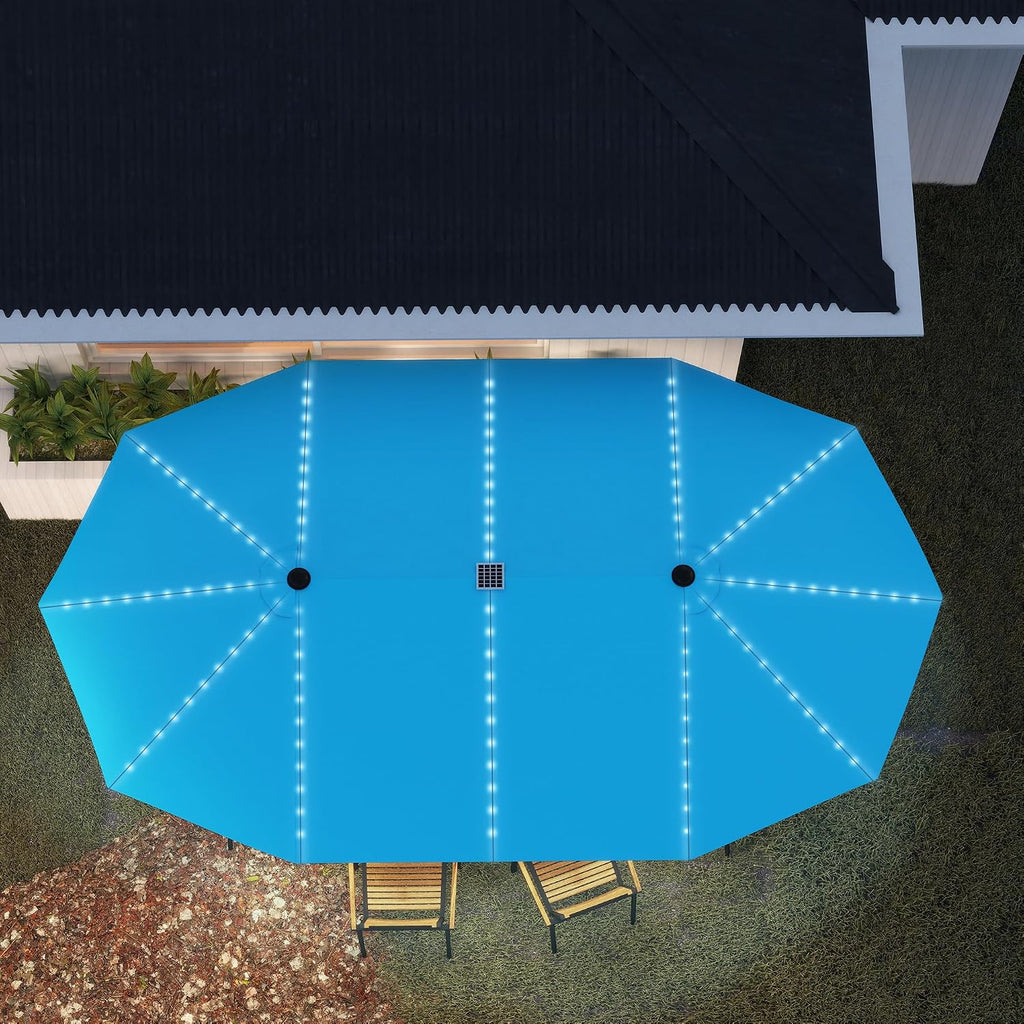 Outsunny 15ft Extra Large Patio Umbrella with Bright Solar Lights, Aluminum UPF50+ Double-Sided Outdoor Table Market Umbrella with Fiberglass Ribs Crank Air Vents for Backyard Deck Pool