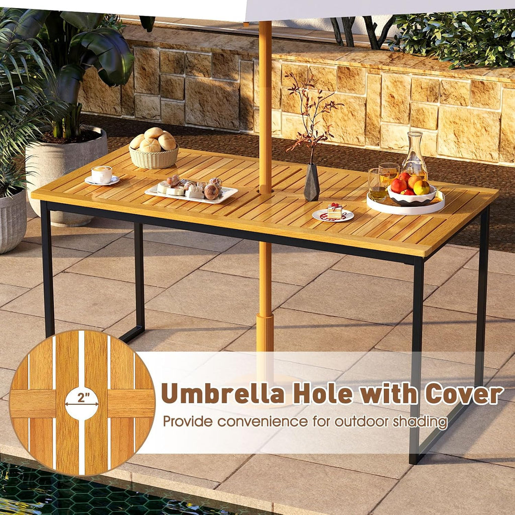 HAPPYGRILL Acacia Wood Patio Dining Table for 6 People, 55 inch Rectangle Patio Table with Slatted Tabletop, Metal Frame & Umbrella Hole, Outdoor Dining Furniture for Yard, Garden, Poolside