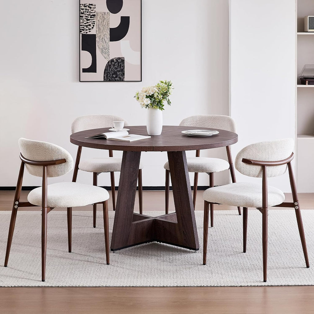 47' Round Dining Table Set for 4 with Chairs Circle Kitchen Table and Chairs Set Mid-Century Modern Chair with Metal Legs for Apartment Living Room(1 Walnut Table + 4 Beige Chairs)