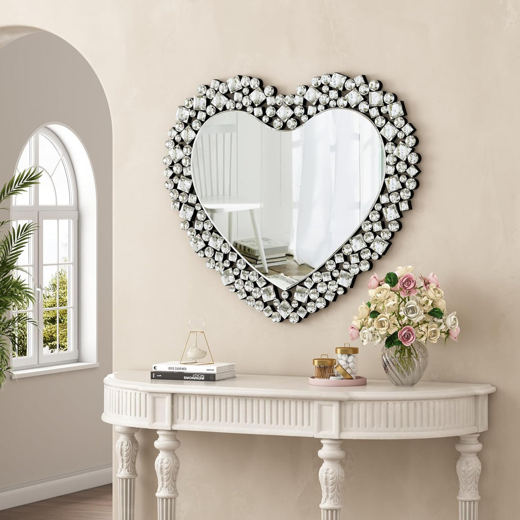 SHYFOY Decorative Heart Wall Mirror, 27.6x30.7 Crystal Round Mirror for Wall Decor, Jeweled Framless Wall Mirrors Modern Accent Silver Wall Decor for Bedroom Livingroom Hallway