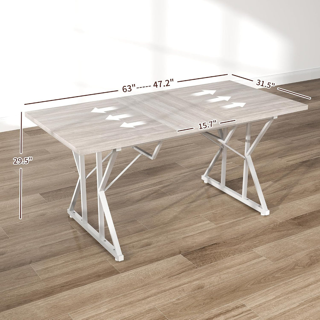 HOMCOM 47'-63' Expandable Dining Table for 4-6 People, Farmhouse Dinner Table with Heavy Duty Metal Trestle Base, Rectangle Kitchen Desk, Distressed Gray