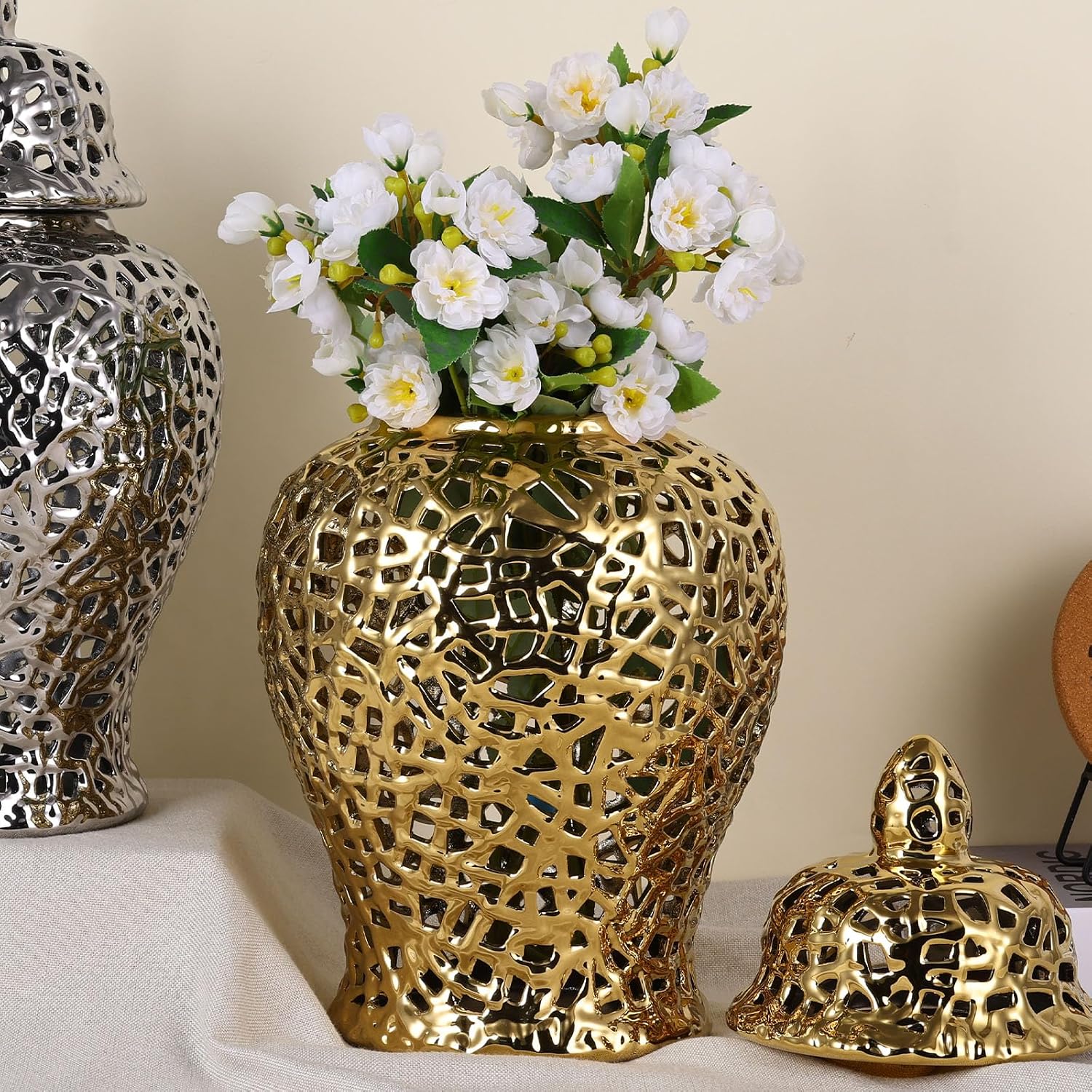 Gold Pierced Ginger Jar Vase with Lid - 15.7' Tall Decorative Ceramic Jar for Home Decor, Centerpiece for Living Room, Dining Room, Entryway, or Office, Large Gold Vase for Flowers