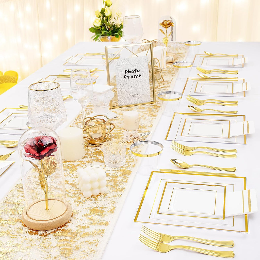 Festiva 350Pcs Silver Plates &350Pcs Clear Plastic Plates with Gold Trim