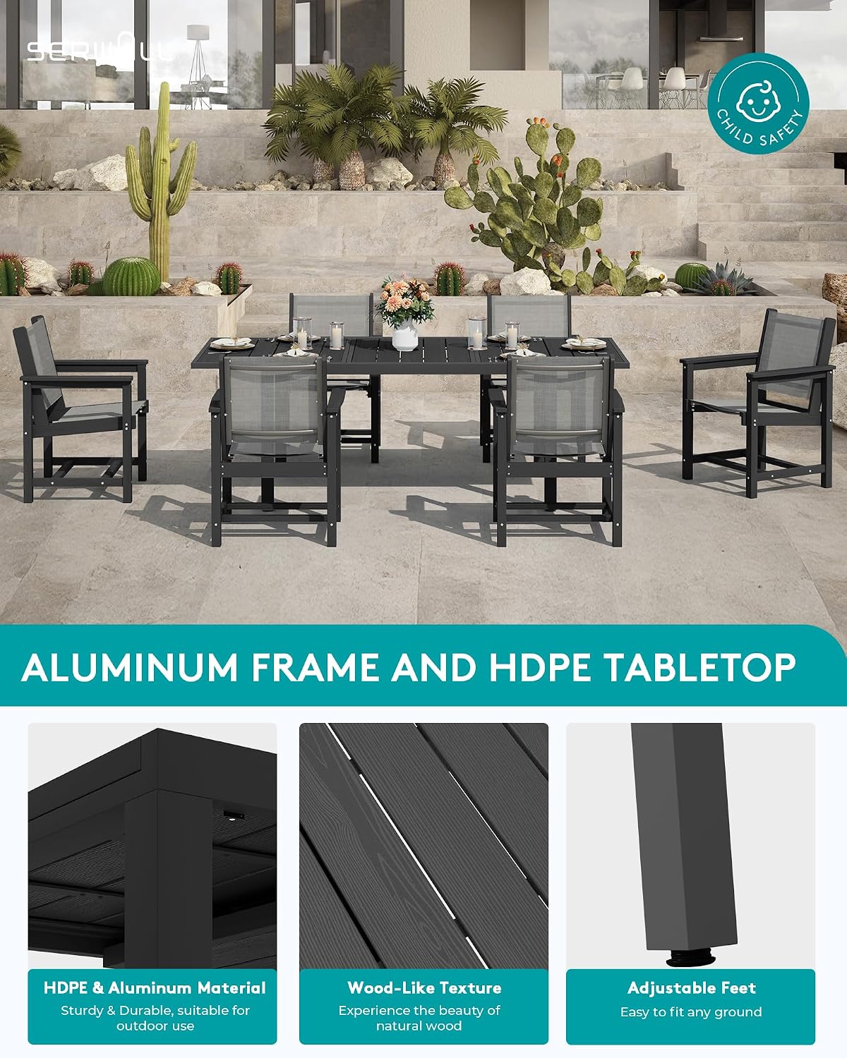 SERWALL Outdoor Dining Chairs Set of 2, All-Weather HDPE Patio Armless Chairs Suitable Outdoor Dining Table, Black