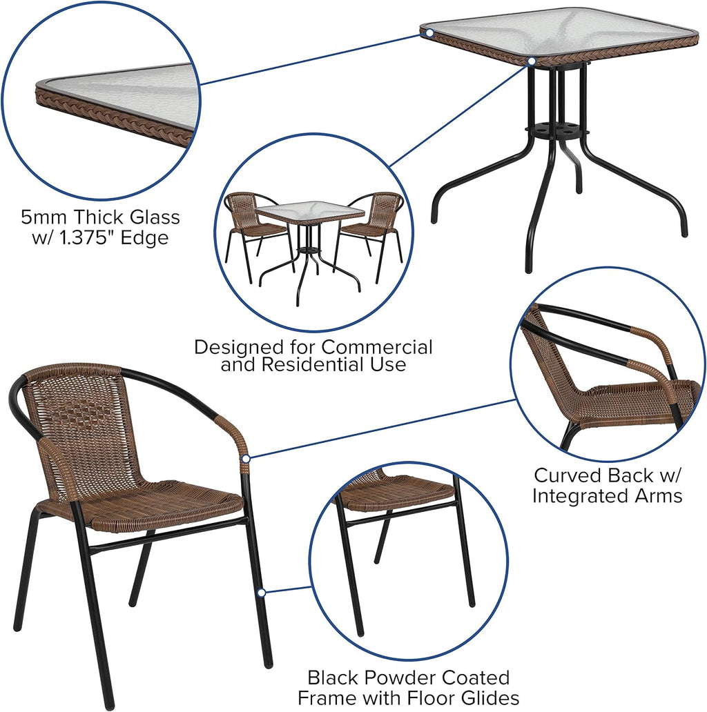 Flash Furniture Lila 3-Piece 28' Square Indoor/Outdoor Patio Table and Chairs Set, Glass Metal Bistro Table and 2 Stacking Rattan Chairs, Brown