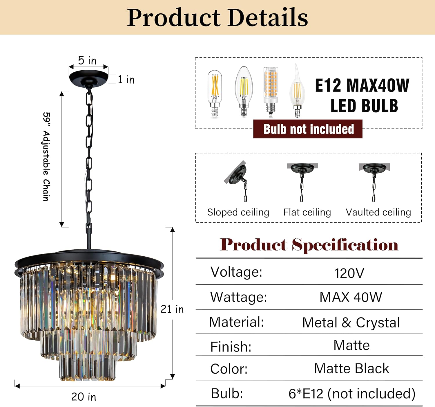 ALPADECOR 6-Light W 20' Modern Matte Black 3-Tier Round Fringe Crystal Chandelier Black Finish Frame Close to Ceiling Dual-Use Light for Dining Room Living Room