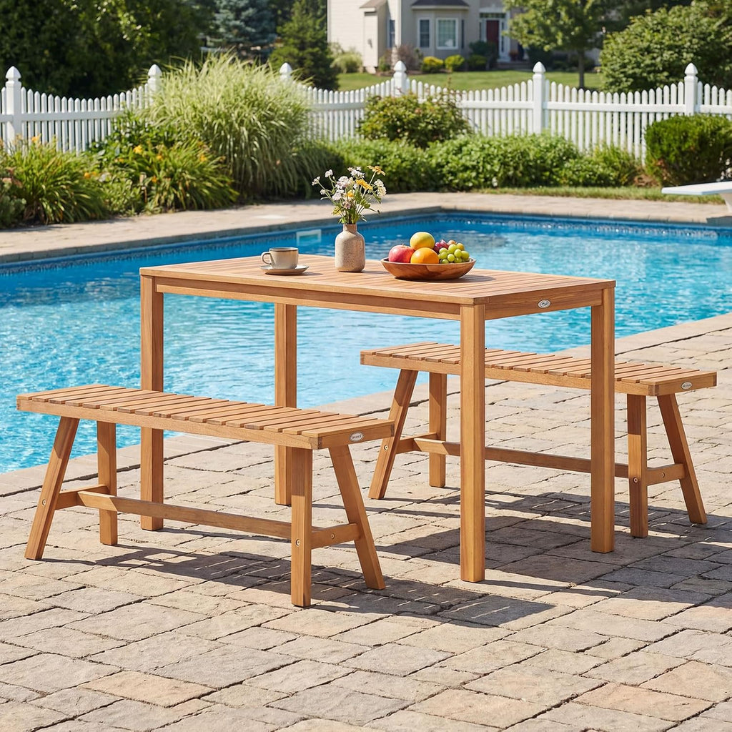 Tangkula Outdoor Acacia Wood Dining Table for 4-6, Rectangular Patio Table with Slatted Tabletop, Outside Dinner Table for Garden, Balcony, Deck and Backyard