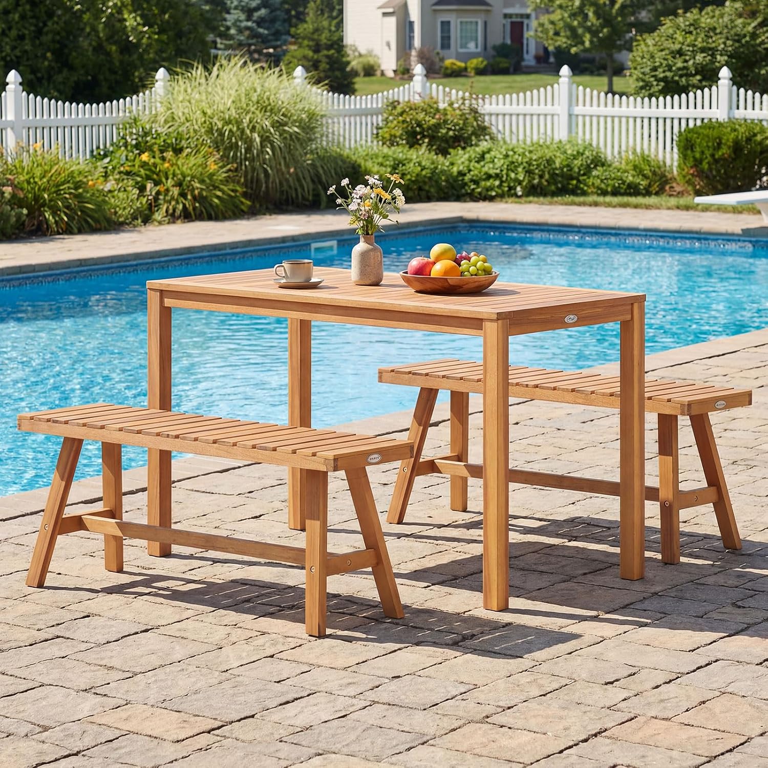 Tangkula Outdoor Acacia Wood Dining Table for 4-6, Rectangular Patio Table with Slatted Tabletop, Outside Dinner Table for Garden, Balcony, Deck and Backyard