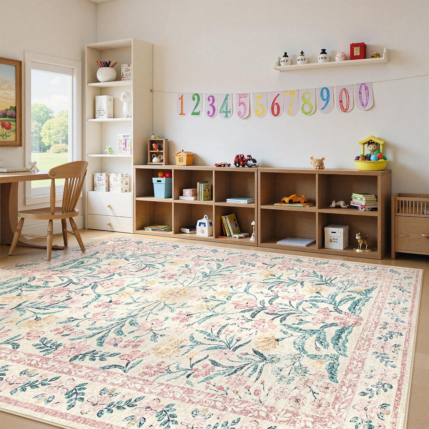 Lahome Sylvie 9x12 Pink Nursery Playroom Rug, Boho Washable Floral Rug for Girl Bedroom Kids Room, Soft Cottage Core Thin Non Slip Carpet for Living Room Guestroom, Blush