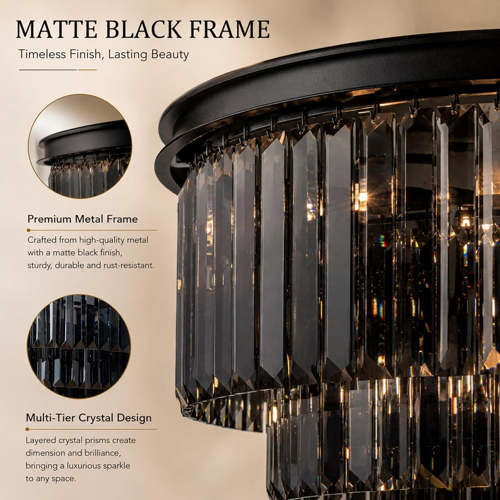 ALOADECOR 10-Light W32 in. Modern Odeon 4-Tier Round Fringe Crystal Chandelier in Matte Black Finish Frame with Smoke Crystal Accents Dual-Use Light for Dining Room Living Room Bedroom