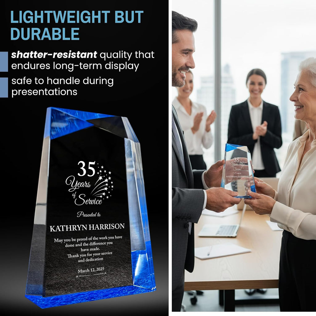 Personalized Acrylic Retirement Gifts For Men and Women, Laser Engraved Custom Trophy for Service Recognition, Years Of Service Retirement Trophy Award for Boss, Employee, Teacher (Blue Facet Wedge)