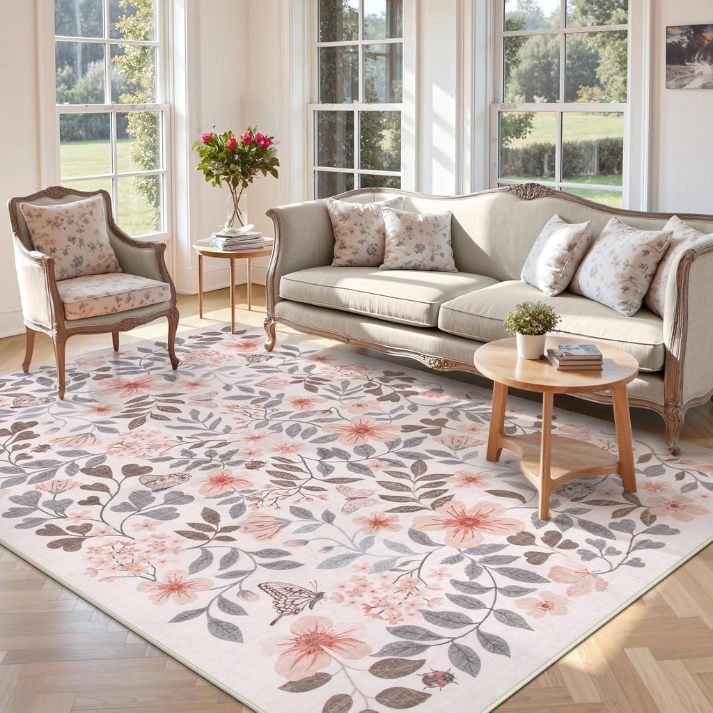 Lahome Reverie 8x10 Fall Floral Area Rugs for Bedroom, Apricot Boho Decor Washable Carpet, Non-Slip Rug for Girls Nursery, Living Room, Dorm, Apartment Decor, Cozy Retreat