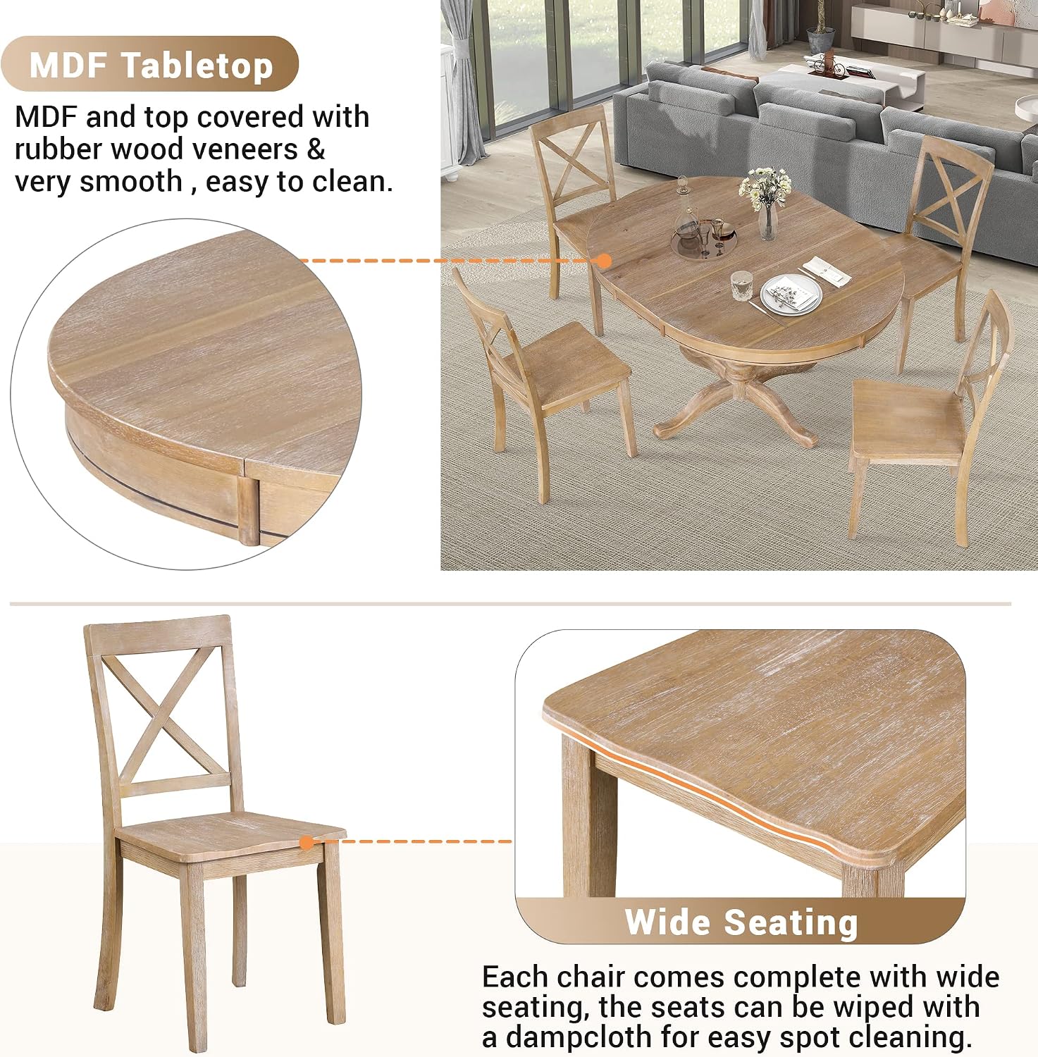 Harper & Bright Designs Modern Dining Table Set for 4,Round Table and 4 Kitchen Room Chairs,5 Piece Kitchen Table Set for Dining Room,Dinette,Breakfast Nook,Natural Wood Wash