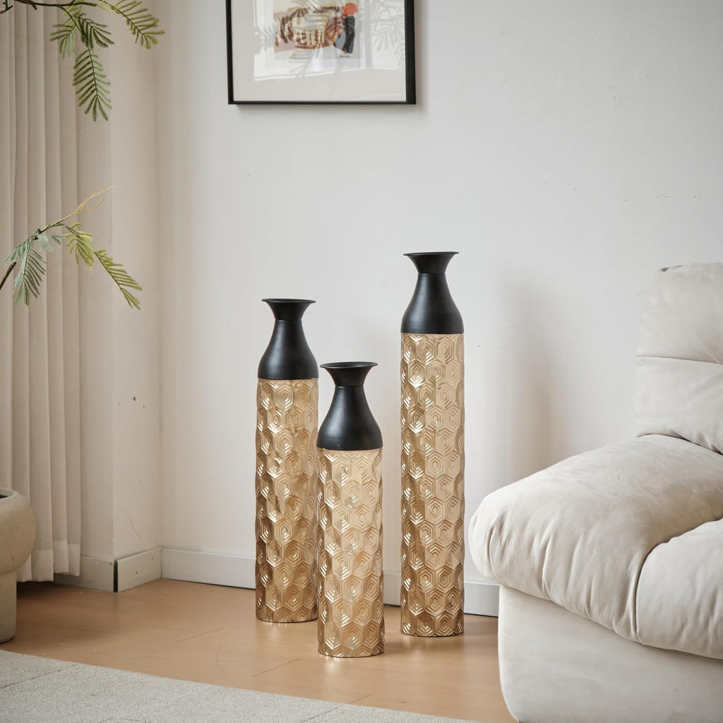 Tall Floor Vases Set of 3, Black and Gold Floral Pattern Metal Standing Vases for Living Room Decor, Decorative Floor Vase for Flowers, Modern Home Decor