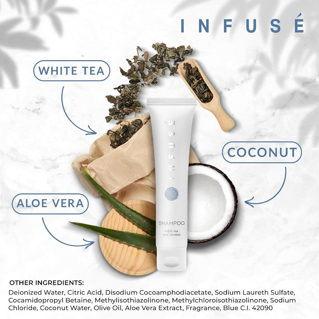 Travel Size Hotel Shampoo 200 Count 1 oz Bottles Guest Amenities for Hotels Vacation Rentals and Short Term Rentals Paraben Free White Tea and Coconut Scent Infused with Aloe and Olive Oil by INFUSE