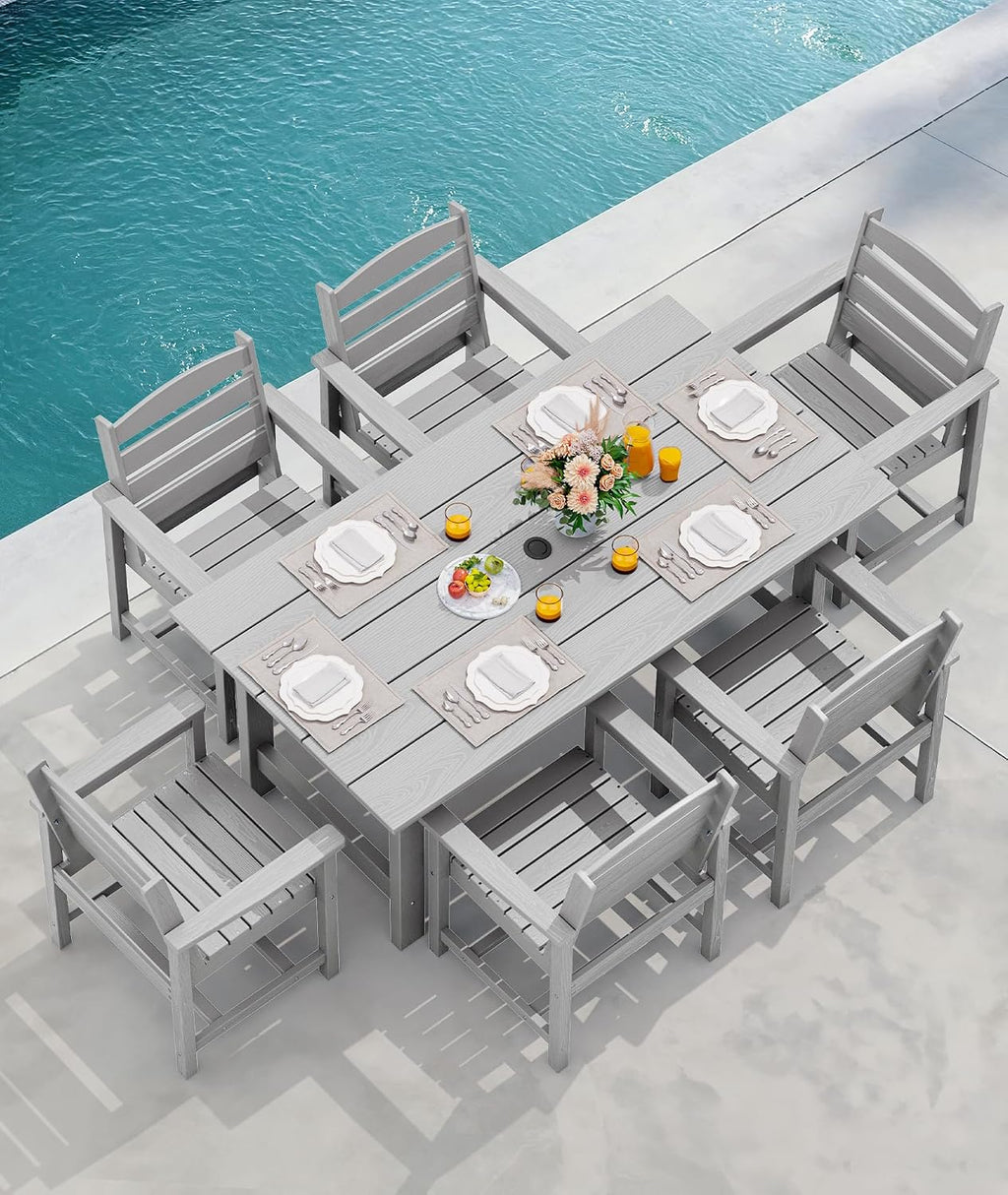 SERWALL Patio Dining Table and Bench Set for 6, Light Gray