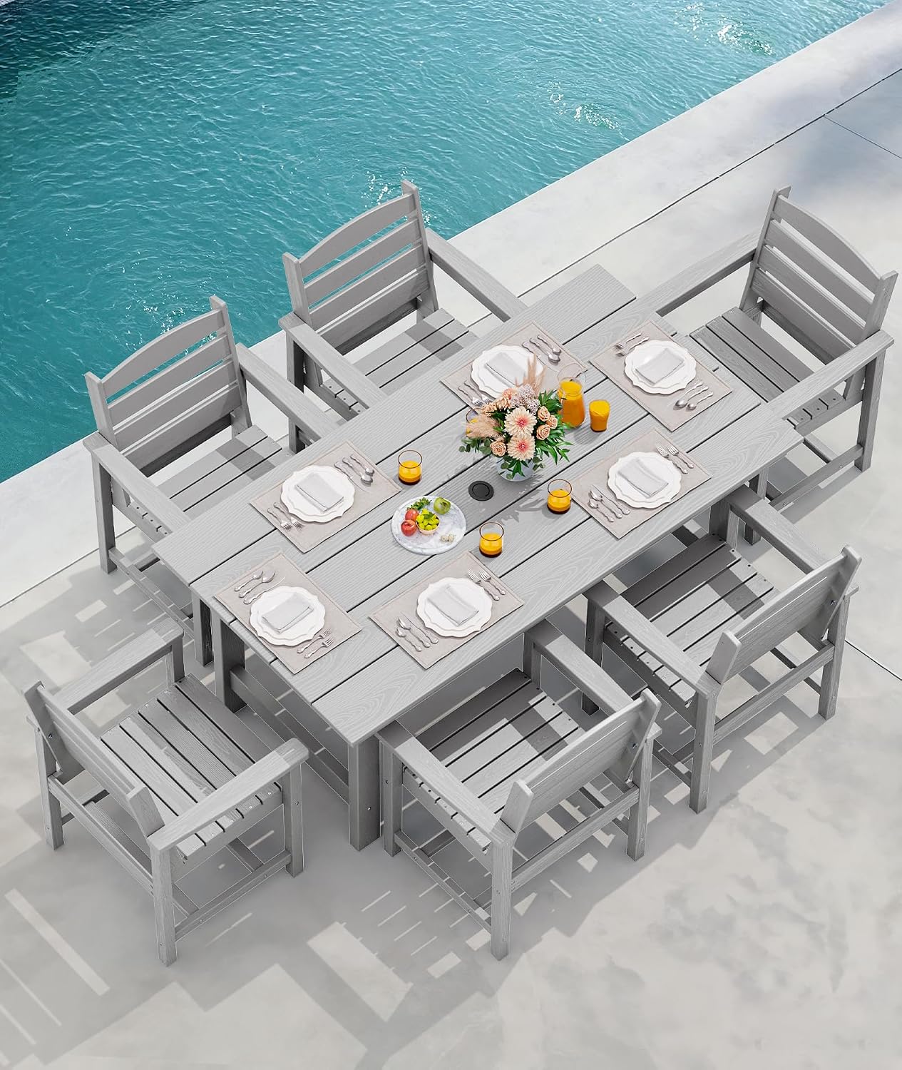 SERWALL Patio Dining Table and Bench Set for 6, Light Gray
